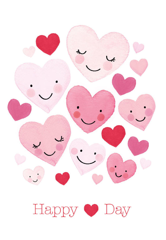 A charming greeting card with a whimsical watercolor illustration of various pink and red hearts, some with cute smiley faces, on a white background. 'Happy Day' text below.