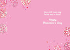 Inside of a playful pink greeting card for a spouse, adorned with scattered disco balls, hearts, and stars, with the romantic message 'You still make my heart skip a beat! Happy Valentine's Day'.