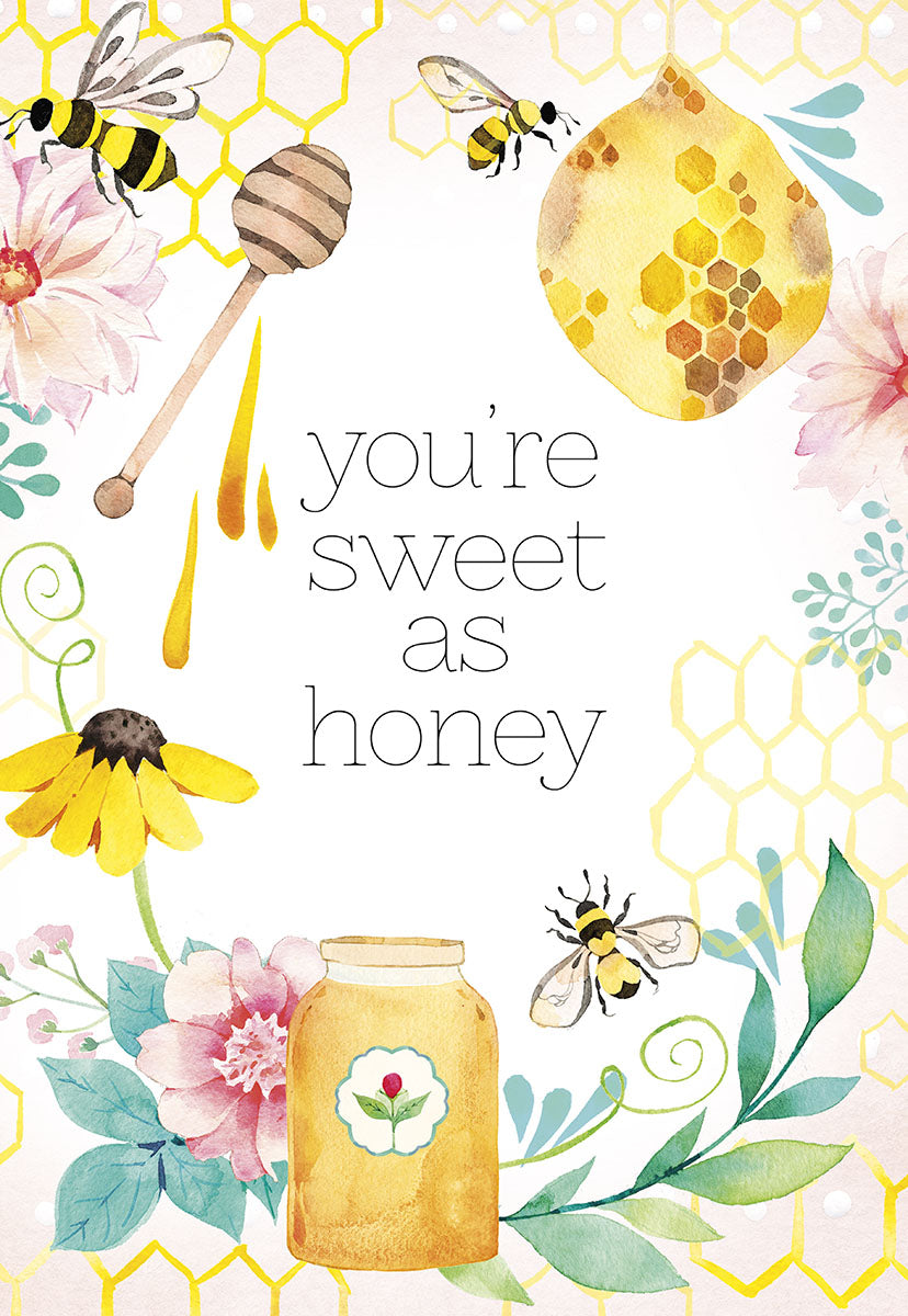Close-up of "You're sweet as honey" greeting card with watercolor bees, flowers, and honeycomb patterns.