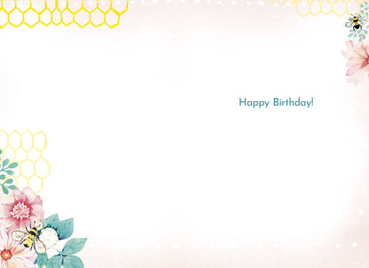 Inside of "You're sweet as honey" card with "Happy Birthday!" text and watercolor floral accents.
