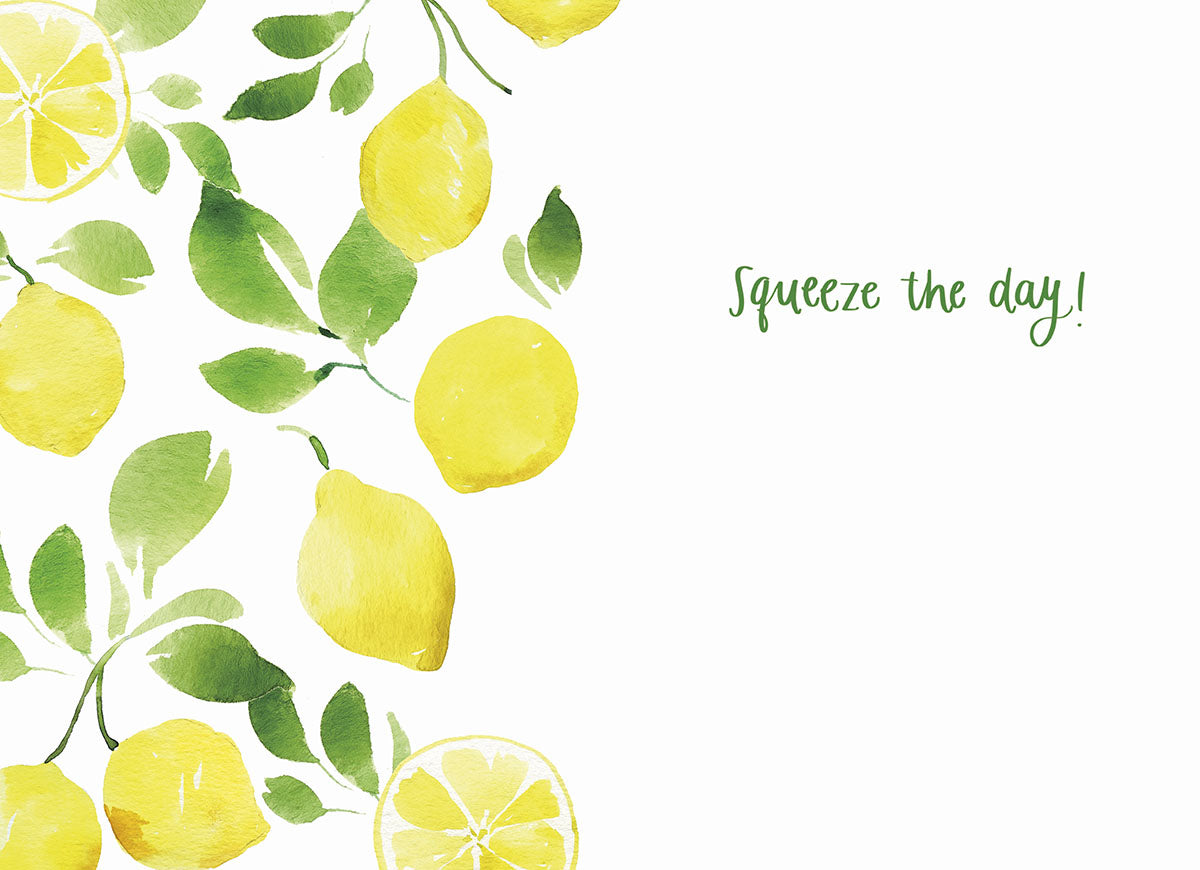 Inside of the lemon "Happy Birthday!" card with "Squeeze the day!" text and a lemon and leaf border.