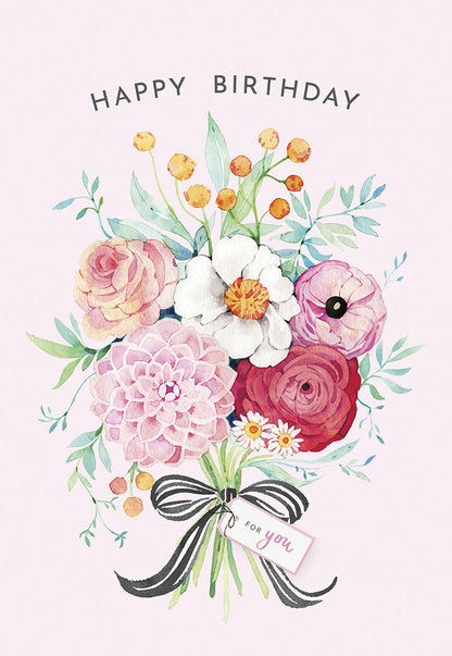 "Happy Birthday" greeting card featuring a large watercolor bouquet of pink, red, and white flowers tied with a ribbon.