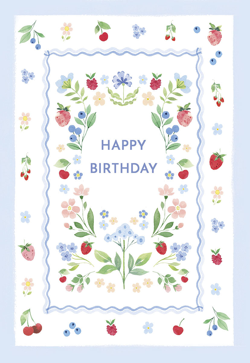 "Happy Birthday" greeting card with a colorful border of watercolor strawberries, cherries, blueberries, and small flowers.