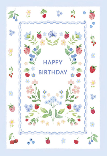 "Happy Birthday" greeting card with a colorful border of watercolor strawberries, cherries, blueberries, and small flowers.