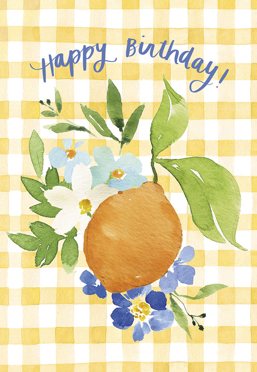 "Happy Birthday!" greeting card with a watercolor orange surrounded by blue and white flowers on a yellow gingham background.