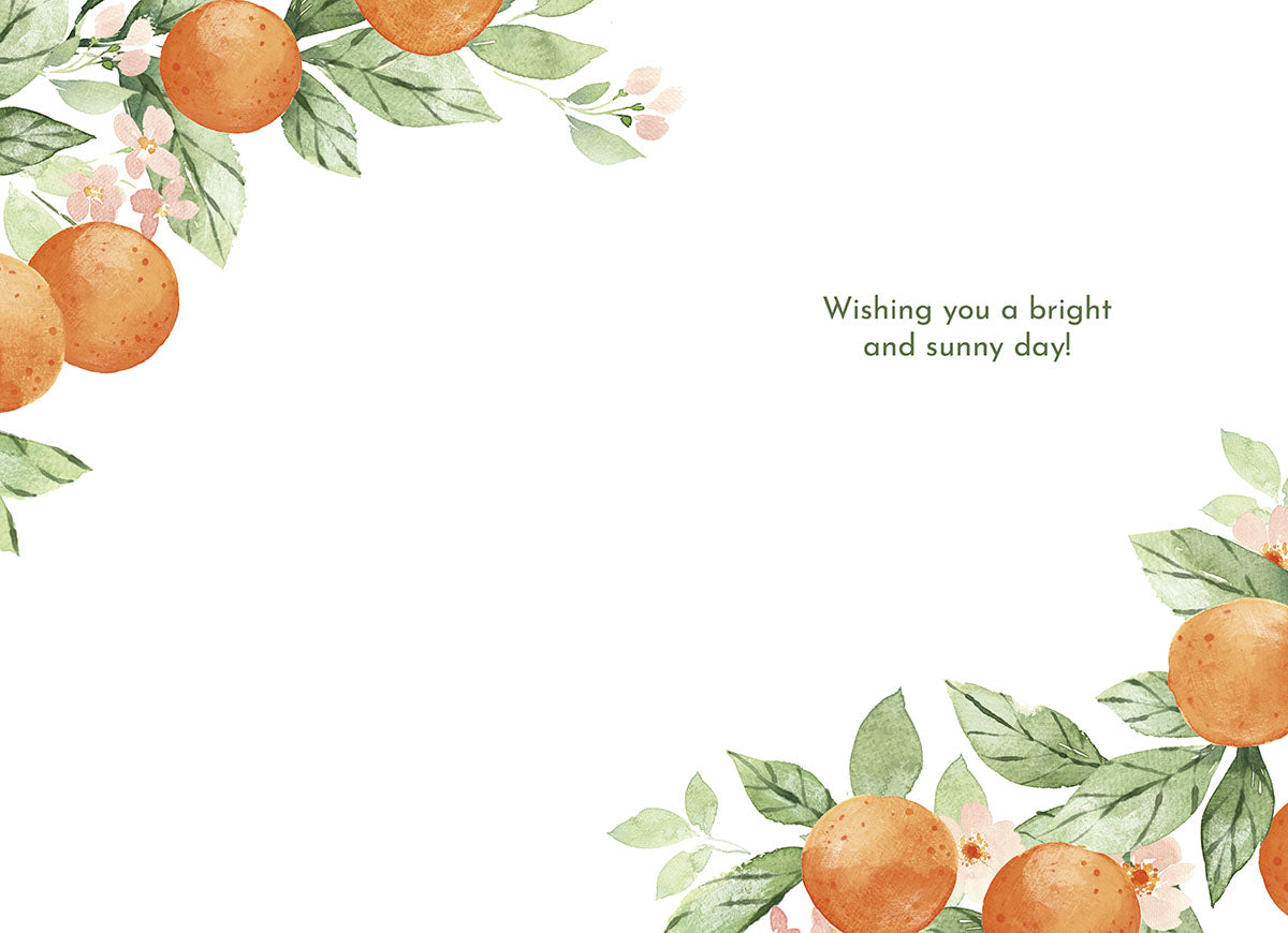 Inside of the orange blossom card with the heartfelt message "Wishing you a bright and sunny day!".