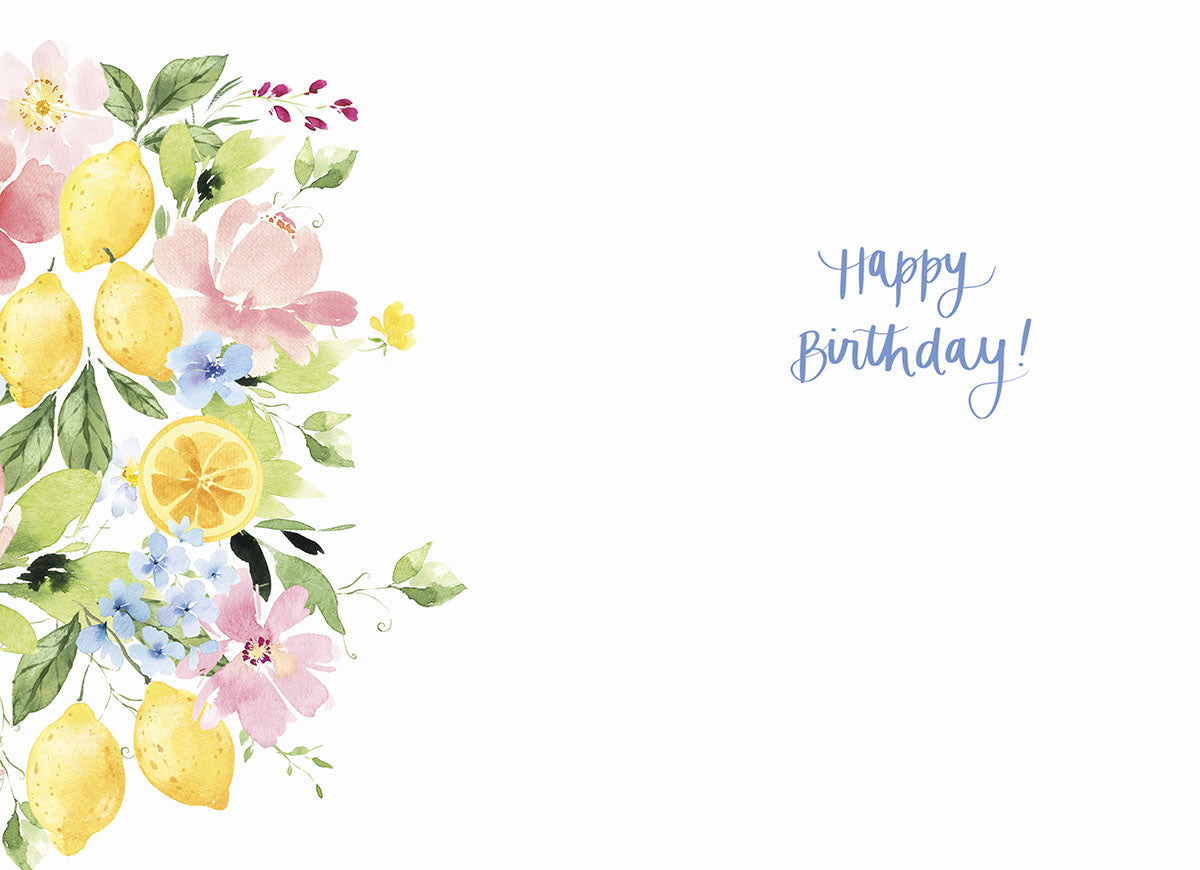 Inside of "Zest!" card with "Happy Birthday!" text and a vibrant border of lemons and flowers.