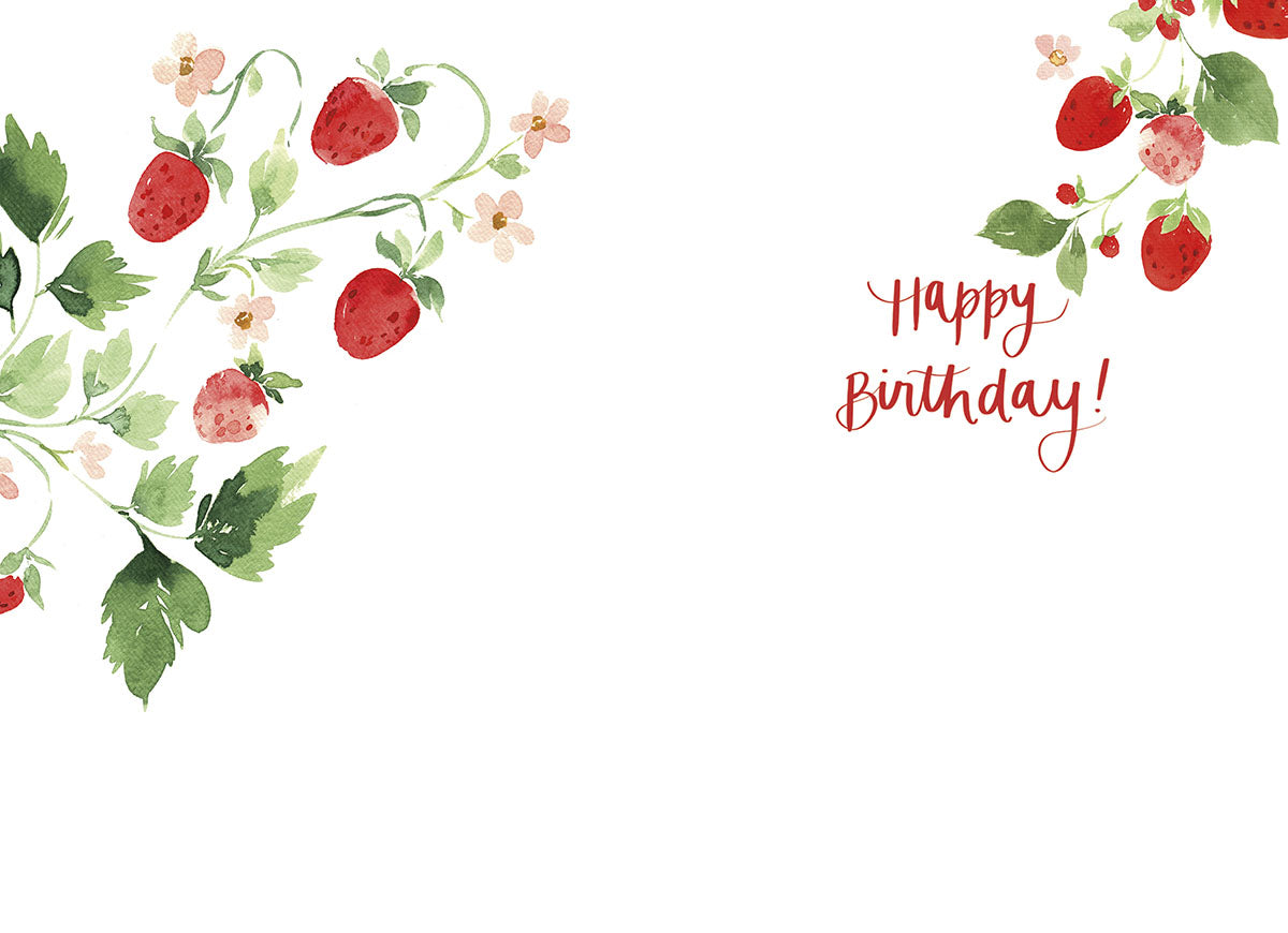 Inside of the strawberry card with "Happy Birthday!" text and a delicate watercolor strawberry design in the corner.
