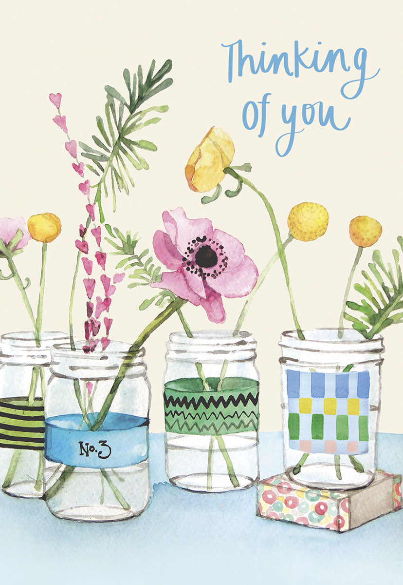 "bee happy" greeting card featuring a watercolor bouquet of wild flowers in a mason jar, surrounded by buzzing bees.