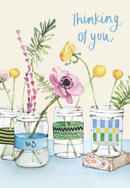 "bee happy" greeting card featuring a watercolor bouquet of wild flowers in a mason jar, surrounded by buzzing bees.