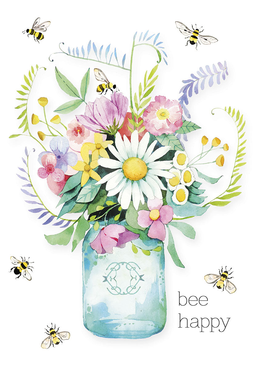 "Thinking of you" greeting card with watercolor wildflowers arranged in decorated mason jars.