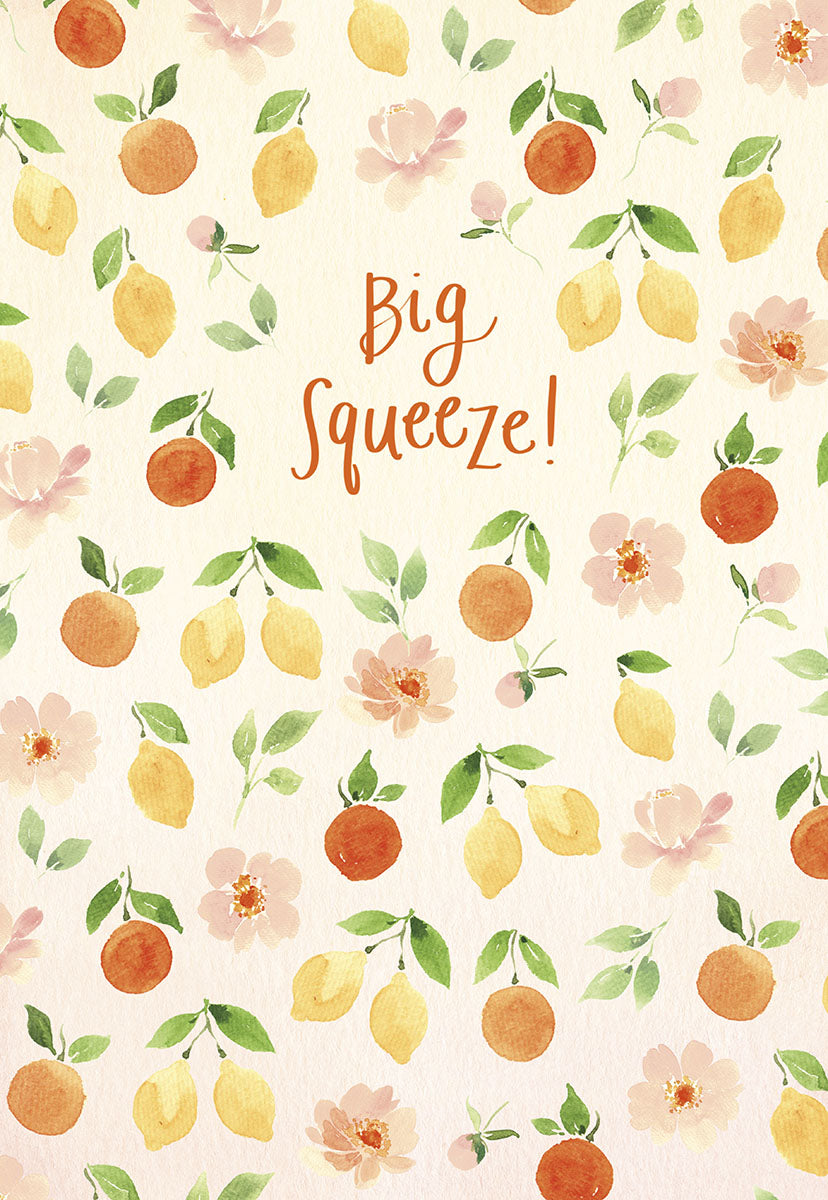 "Big Squeeze!" greeting card with a charming pattern of watercolor lemons, oranges, and delicate pink blossoms.