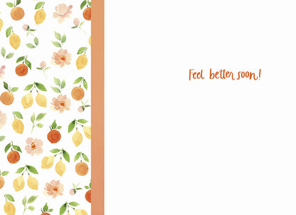 Inside of the "Big Squeeze!" card with the get-well message "Feel better soon!" and a colorful fruit and blossom border.