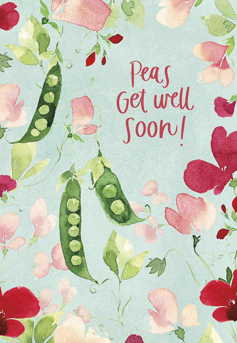 "Peas Get Well Soon!" greeting card featuring watercolor pea pods and whimsical pink and red flowers on a light blue background.