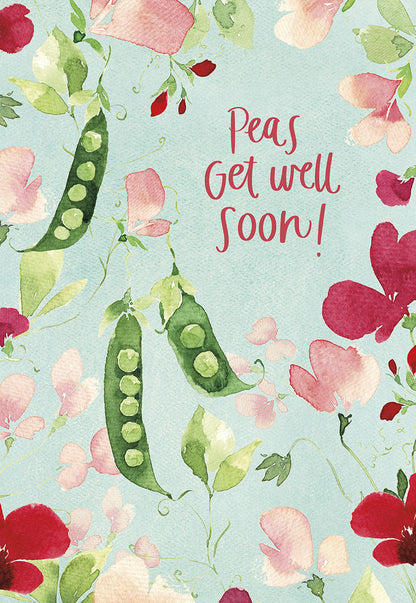 "Peas Get Well Soon!" greeting card featuring watercolor pea pods and whimsical pink and red flowers on a light blue background.