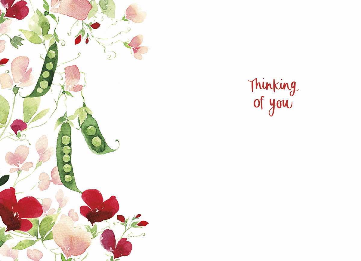 Inside of the "Peas Get Well Soon!" card with "Thinking of you" text and a watercolor pea pod and flower border.