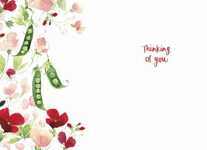 Inside of the "Peas Get Well Soon!" card with "Thinking of you" text and a watercolor pea pod and flower border.