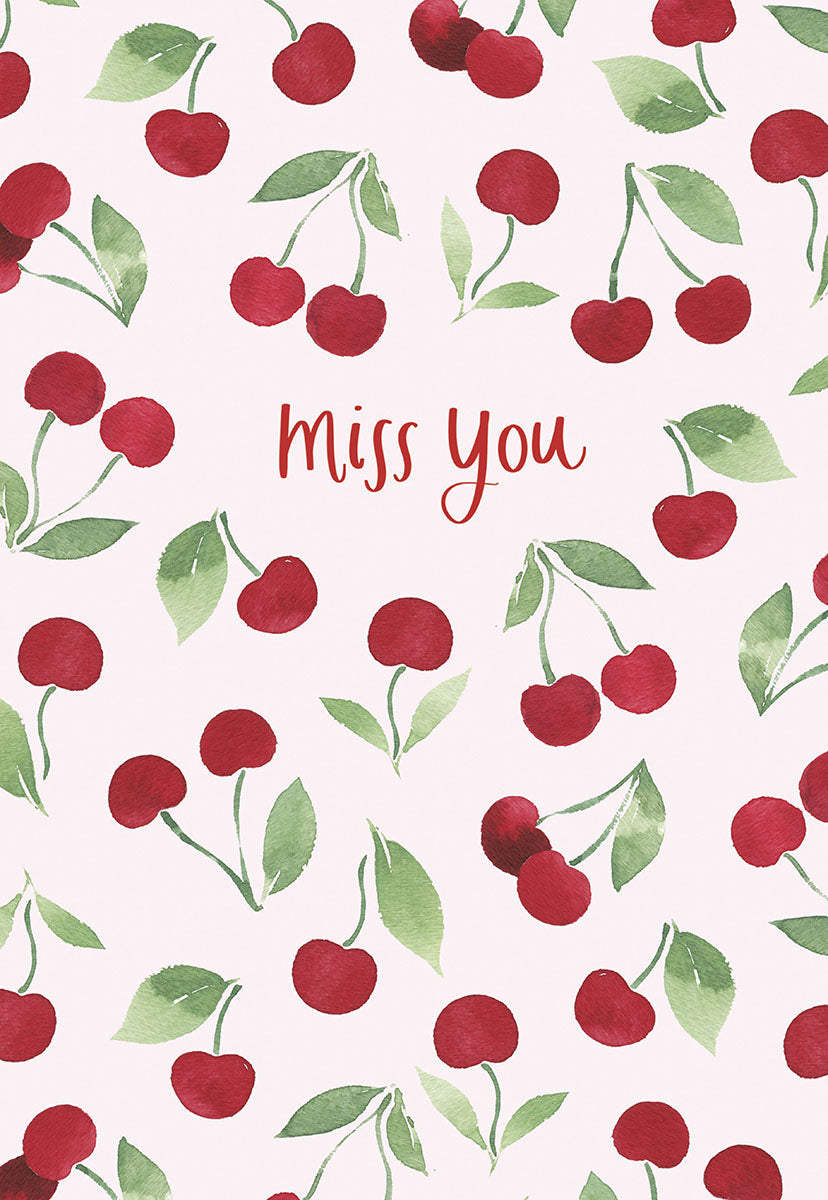 "Miss You" greeting card with a sweet pattern of watercolor red cherries and green leaves.