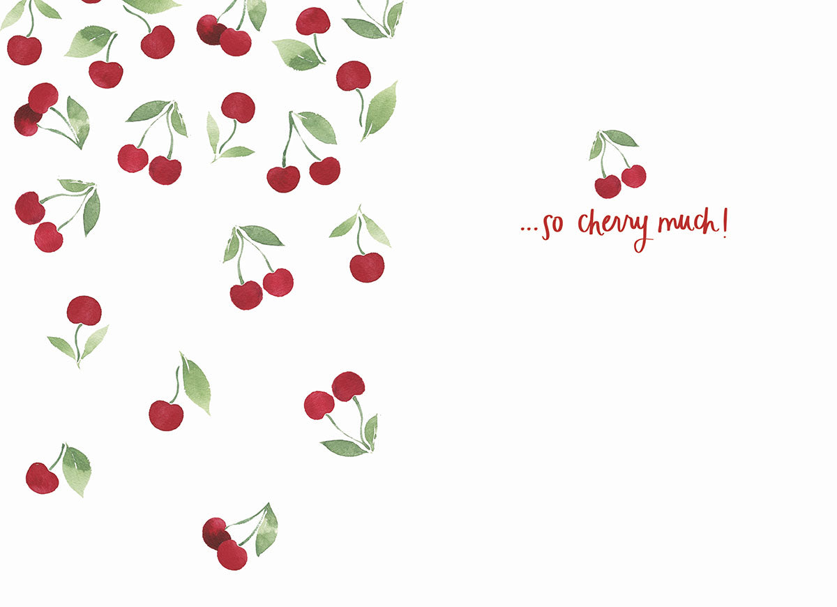 Inside of the "Miss You" card with the punny message "...so cherry much!" and scattered cherry illustrations.