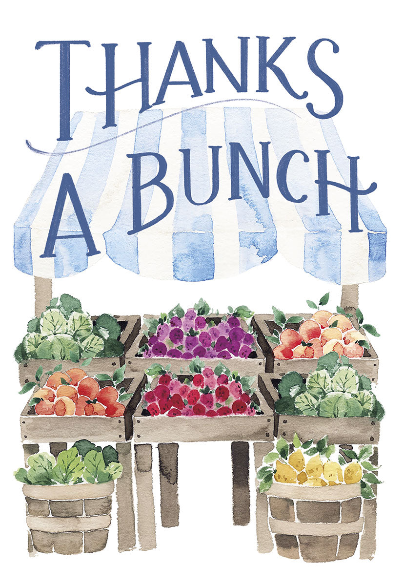 "THANKS A BUNCH" greeting card featuring a watercolor illustration of a charming farmers market stall filled with fresh produce.