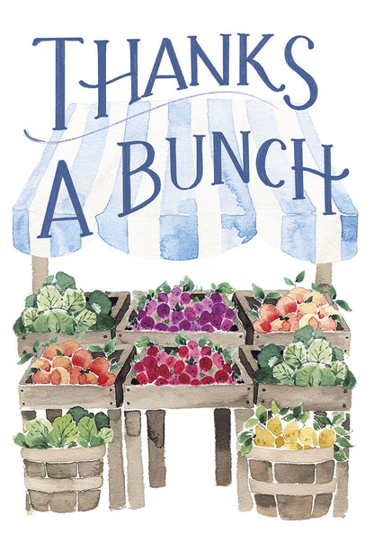 "THANKS A BUNCH" greeting card featuring a watercolor illustration of a charming farmers market stall filled with fresh produce.