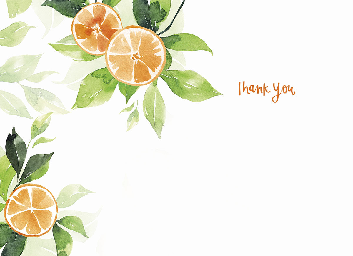 Inside of the "Orange you so Sweet!" card with "Thank You" text and a watercolor orange slice and leaf design.