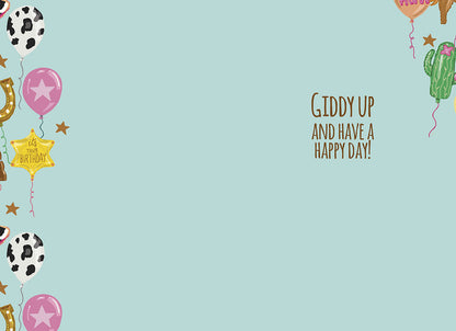 Inside of the "Giddy Up and Have a Happy Day!" card, blank with Western balloon border and text "Giddy Up And Have A Happy Day".