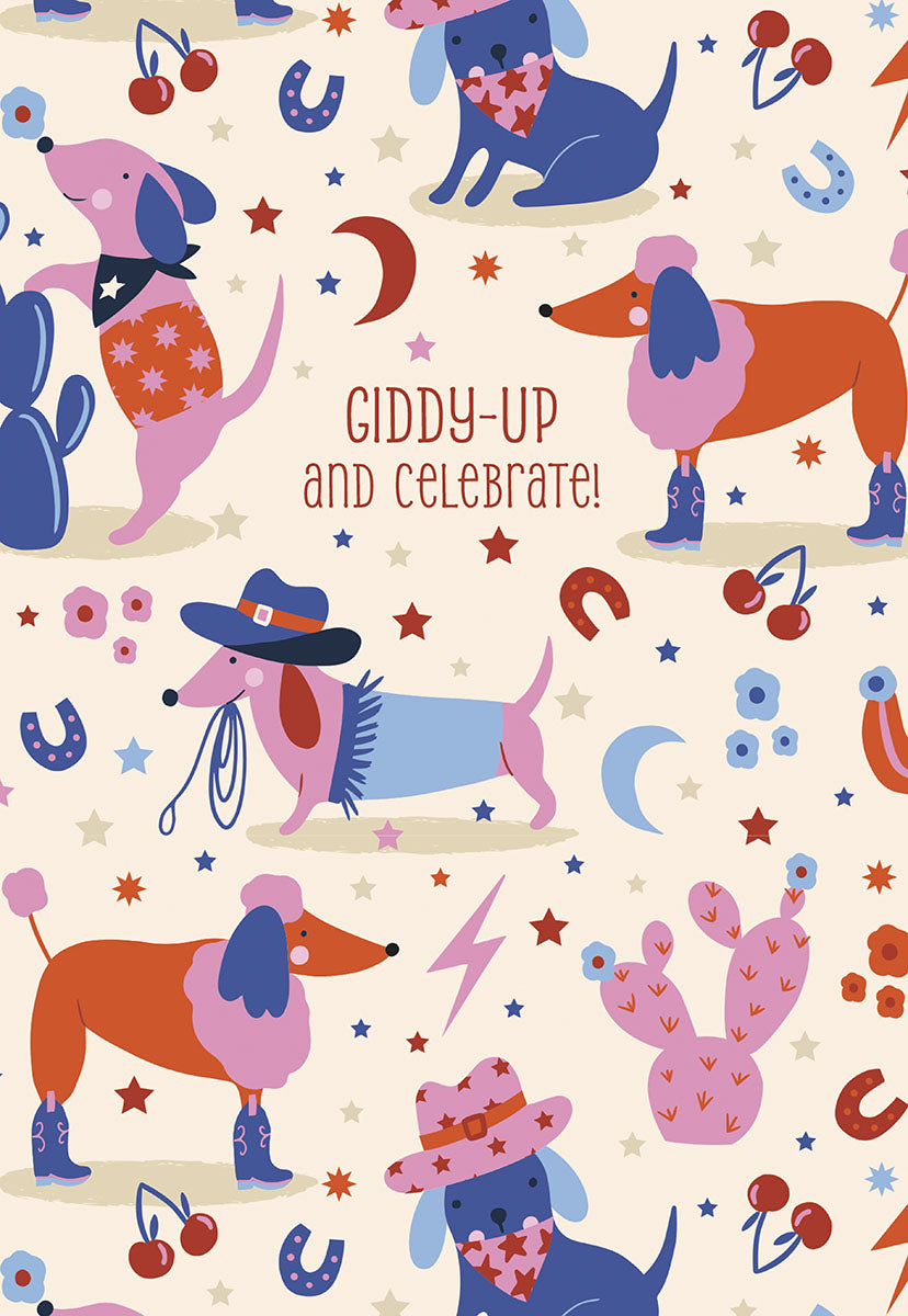 Front of a "Giddy-Up and Celebrate!" card, featuring cute dogs in cowboy hats and boots, with cacti and horseshoes.