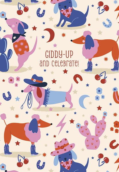 Front of a "Giddy-Up and Celebrate!" card, featuring cute dogs in cowboy hats and boots, with cacti and horseshoes.