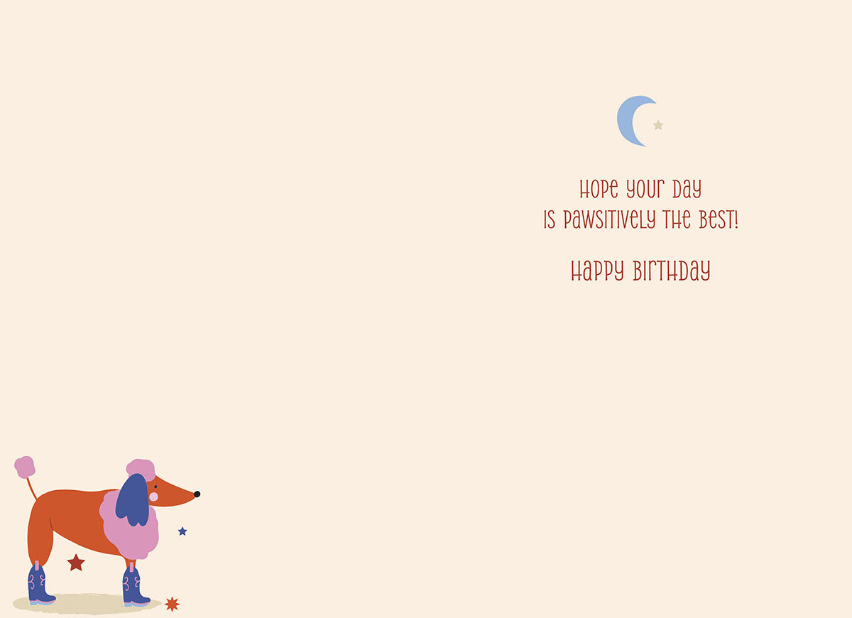 Inside of the "Giddy-Up and Celebrate!" card with a dog in cowboy boots, text: "HOPE YOUR DAY IS PAWSITIVELY THE BEST! HAPPY BIRTHDAY".