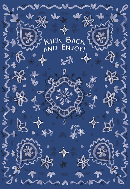 Front of a blue bandana pattern card with white floral and paisley designs, text "KICK BACK AND ENJOY!"