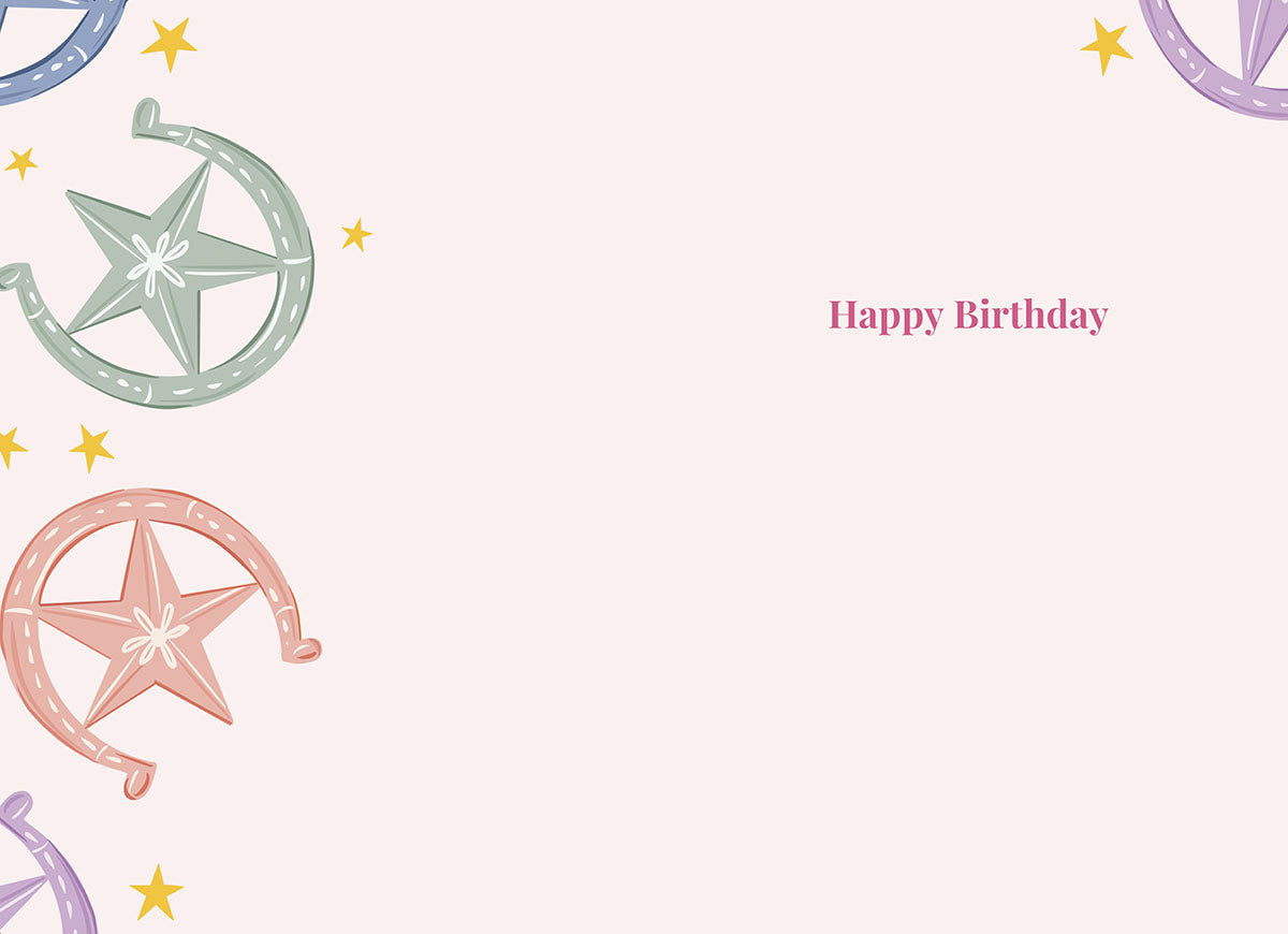 Inside of the "Sparkle & Shine" card, blank with colorful horseshoe and star pattern, text "Happy Birthday".
