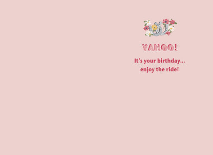 Inside of the "NOT MY FIRST RODEO" card, with a small floral horseshoe design, text: "YAHOO! It's your birthday... enjoy the ride!"