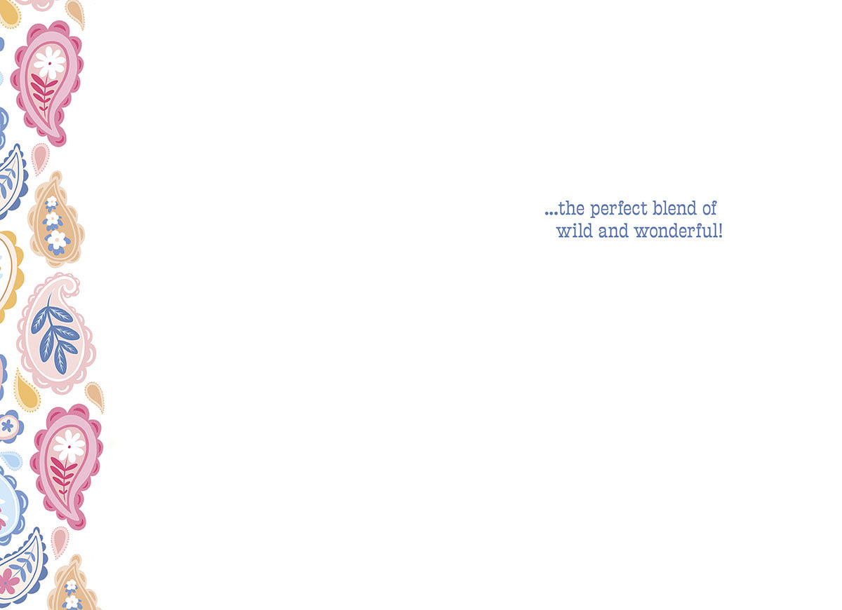 Inside of the paisley pattern card, blank with a border of paisley, text: "...the perfect blend of wild and wonderful!".