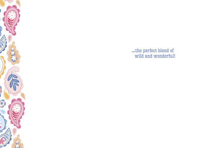 Inside of the paisley pattern card, blank with a border of paisley, text: "...the perfect blend of wild and wonderful!".