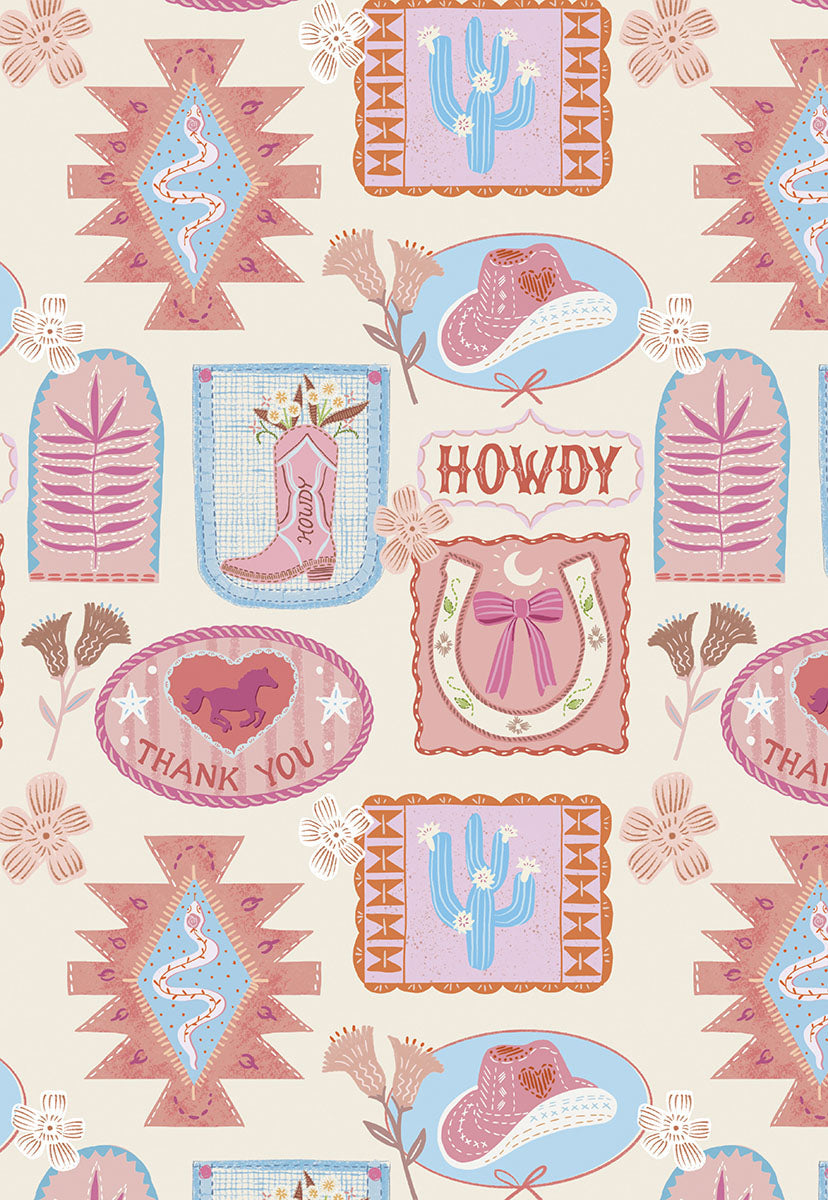 Front of a card with a repeating Western patch pattern, including cacti, hats, horseshoes, and text "HOWDY".