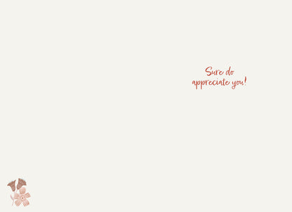 Inside of the Western patch pattern card, with a small floral accent, text: "Sure do appreciate you!".