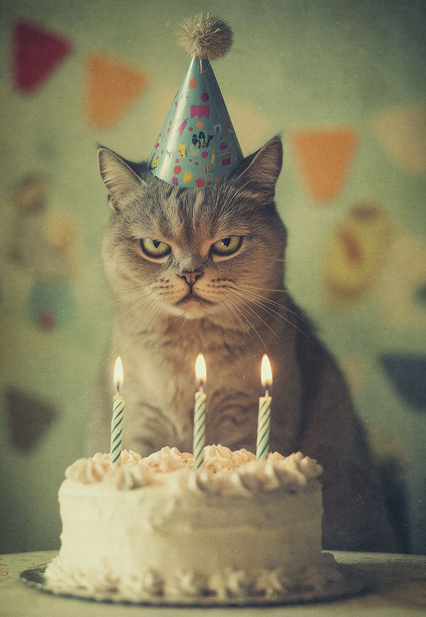 Grumpy British Shorthair cat wearing a small blue birthday party hat, looking sternly at a white birthday cake with three lit candles. The background is a soft, faded greenish wall with blurry colorful triangle flags, giving a vintage and slightly humorous aesthetic.