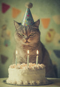 Grumpy British Shorthair cat wearing a small blue birthday party hat, looking sternly at a white birthday cake with three lit candles. The background is a soft, faded greenish wall with blurry colorful triangle flags, giving a vintage and slightly humorous aesthetic.