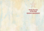 Inside of a light-colored birthday greeting card with a textured background and a small gold star, displaying the message 'You're the star of the day! HAPPY BIRTHDAY' in a stylish red font.