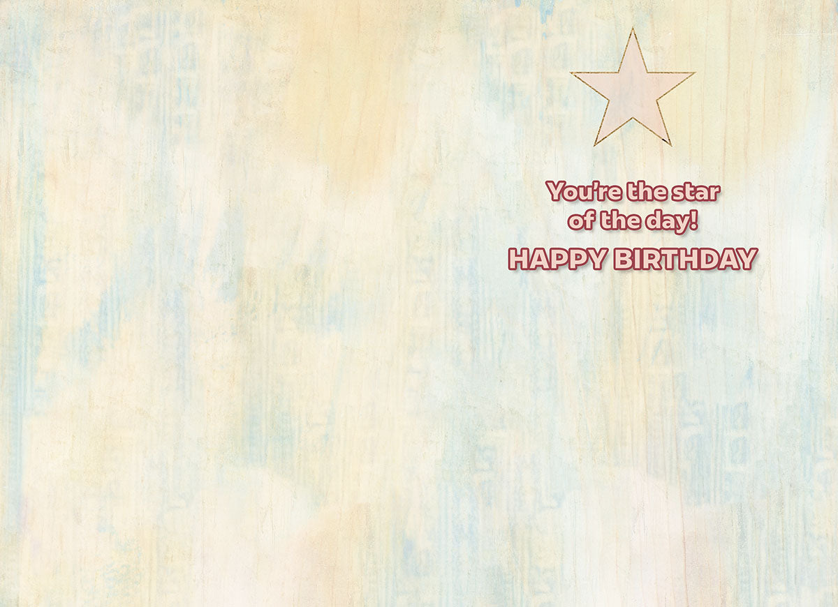 Inside of a light-colored birthday greeting card with a textured background and a small gold star, displaying the message 'You're the star of the day! HAPPY BIRTHDAY' in a stylish red font.