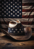 Patriotic greeting card featuring a rustic leather cowboy hat with star-spangled band, set against a blurred American flag background, perfect for heartfelt messages.