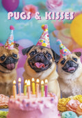 Front of a cute greeting card featuring three happy pugs in colorful party hats gathered around a pink birthday cake with lit candles, against a festive balloon backdrop. Text 'Pugs & Kisses' is at the top.