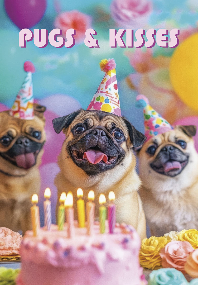 Front of a cute greeting card featuring three happy pugs in colorful party hats gathered around a pink birthday cake with lit candles, against a festive balloon backdrop. Text 'Pugs & Kisses' is at the top.