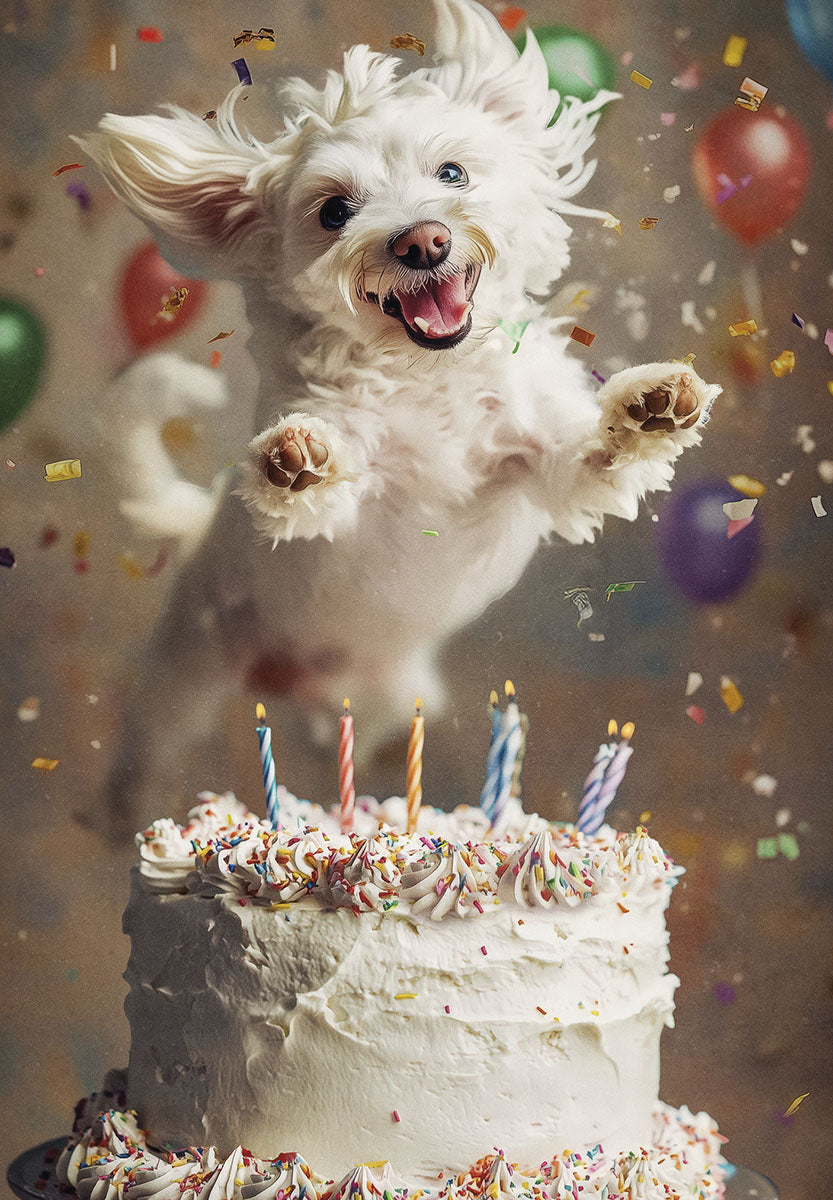 Joyful white fluffy dog leaping mid-air over a birthday cake with colorful sprinkles and glowing candles, surrounded by festive confetti and balloons.