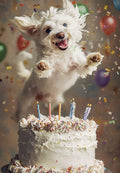 Joyful white fluffy dog leaping mid-air over a birthday cake with colorful sprinkles and glowing candles, surrounded by festive confetti and balloons.