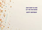 Inside of a light-colored greeting card displaying a light blue birthday candle and scattered star and pearl sprinkles, with purple text reading "JUMP RIGHT IN AND LET THE FUN BEGIN! HAPPY BIRTHDAY".