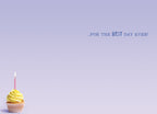 Inside of a lighthearted greeting card showing a small lit cupcake on a soft purple background. The interior text reads: '...FOR THE BEST DAY EVER!'. This fun design completes the canine-themed celebration.