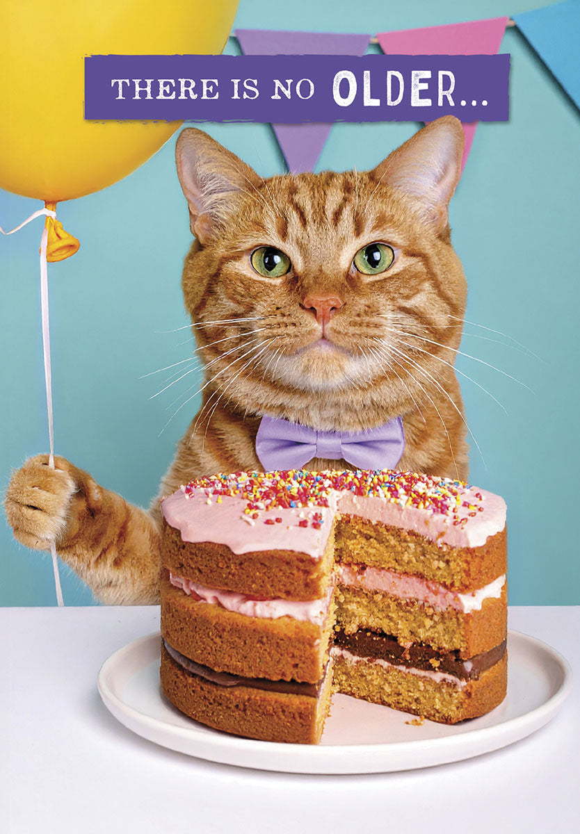 Charming front of a celebration greeting card featuring a ginger tabby cat wearing a purple bow tie and holding a yellow balloon, playfully posing with a slice of delicious multi-layered cake topped with pink frosting and colorful sprinkles, against a vibrant teal and pastel bunting background. The text reads 'THERE IS NO OLDER...'