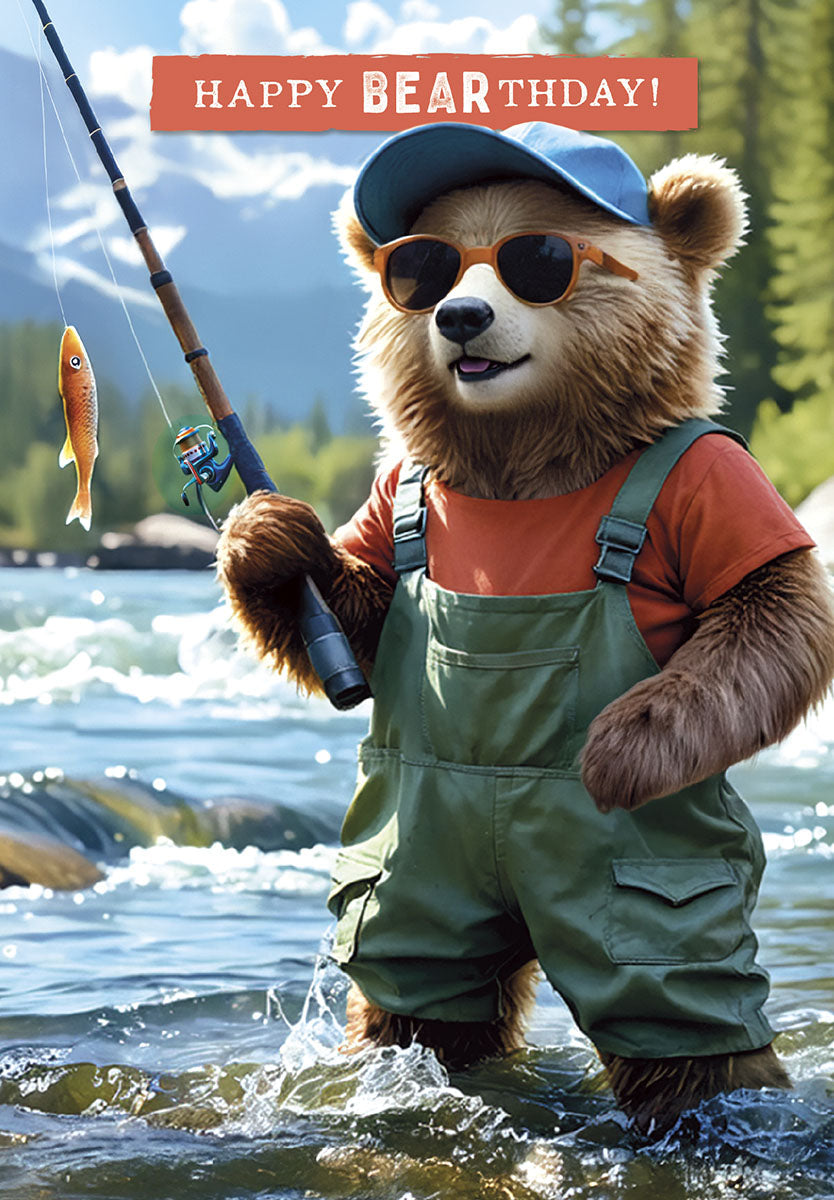 Funny bear fishing in a clear river, wearing green overalls and sunglasses, holding a fishing rod with a small fish on the line, greeting card front with 'HAPPY BEARTHDAY!' text.